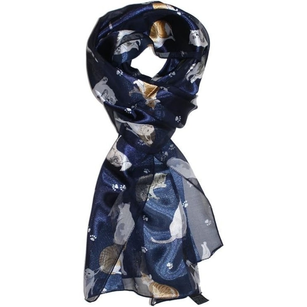 Ted & Jack Playful Felines Silk Feel Polyester Cat Scarf in Navy Blue